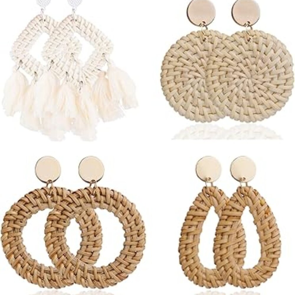 4‎ Pairs Bohemian Rattan Tassel Woven Wicker Earrings